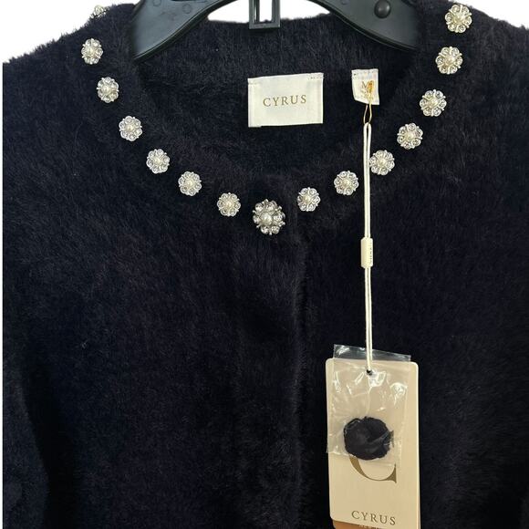 Cyrus Navy Fuzzy Embellished Rhinestone Button Cardigan Sweater Medium NWT - Picture 4 of 6